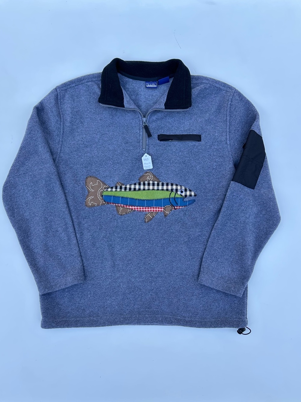 Upcycled Fish Patchwork 1/4 Zip Fleece Sweater